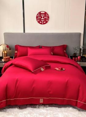 档简约100高棉庆新婚QXT四件套套大红色刺绣结婚被备婚用品棉单4