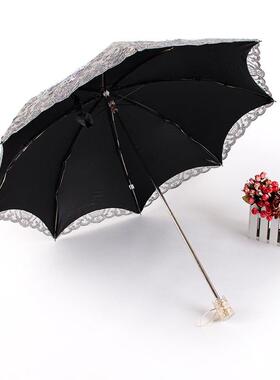 蕾丝绣花伞女神双层刺绣欧若拉LMFM6118紫线二折遮防阳B太阳伞晴