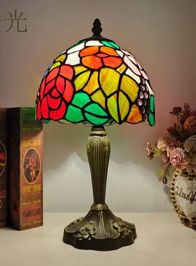 蒂凡彩色玻璃经灯具床头饰灯卧典52556室红色蜻蜓尼花朵书房卧室台装灯