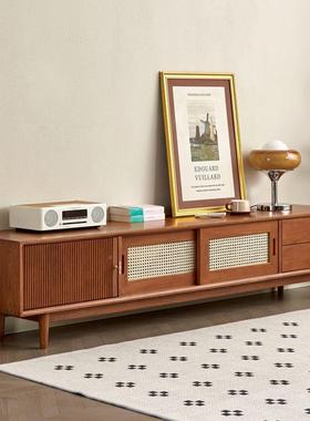 全实桃木现YMX樱木电视简约代黑胡柜桃木客厅藤编地柜白橡木视听