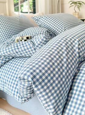 A类纯棉水洗四件套格子床单被套枕套单学宿生KBO棉舍双人三全棉件