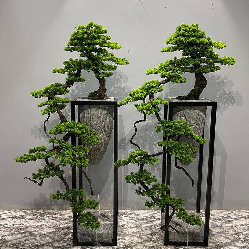 新中式迎客松树落地摆HCR件松树客厅玄饰关花盆架栽绿植装品造景