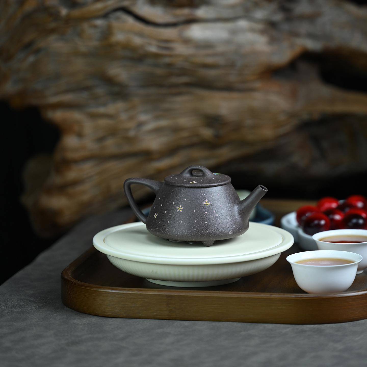 原矿紫泥纯手工彩绘猫咪泡石瓢自用宜功兴茶紫砂壶77123夫茶壶具1