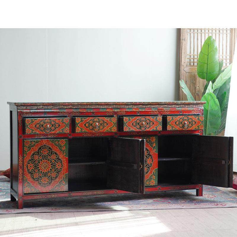 藏式实木餐边柜彩绘储物国柜客蒙厅长柜条古风手绘家具整装玄RJY