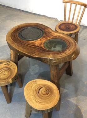 原木家具实茶台香樟木石磨茶茶桌异形创意简木约77425小户型阳台