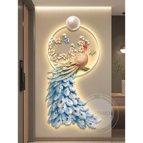 孔雀led带灯入户玄关装饰画走廊过道挂画壁画简约现代高级感大气