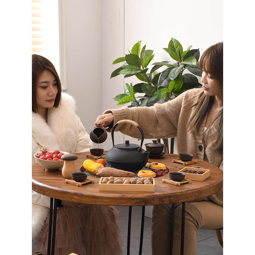炭火围炉煮茶桌户外烧烤桌椅套装组合可折叠火锅小圆桌家用老榆木