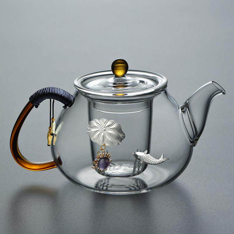 单壶玻璃茶壶小容量办公室花茶壶家用加厚茶壶纯手工镶嵌银