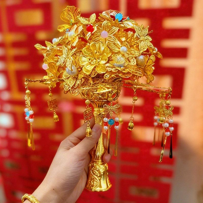 金色手捧花diy材料包新娘结婚婚礼秀禾服婚纱花束权杖新婚礼物