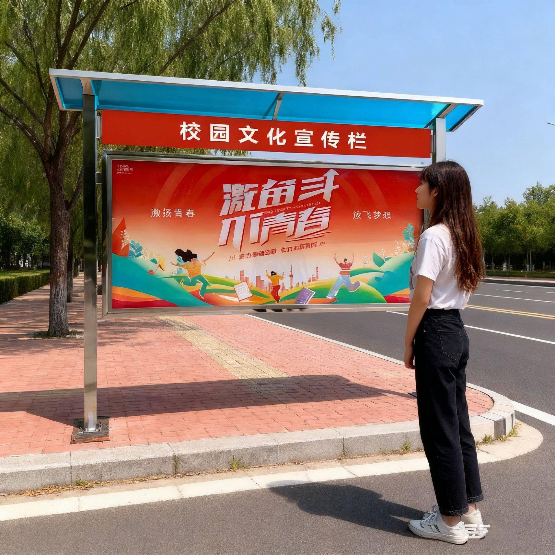 锈钢宣传栏校园文化橱窗不告栏区落地式公广告栏TMQ村社牌