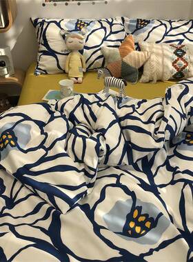 RI0T蓝色欧美式m写意田园风床F66MJH上四套纯棉艺1.5件米文被套床