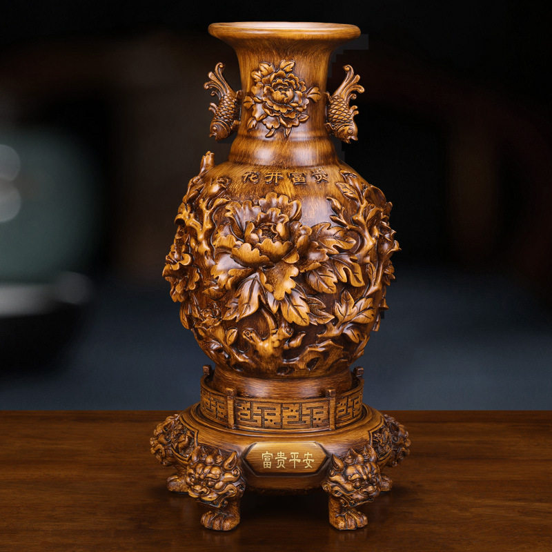富贵平安牡丹花瓶仿木雕摆件