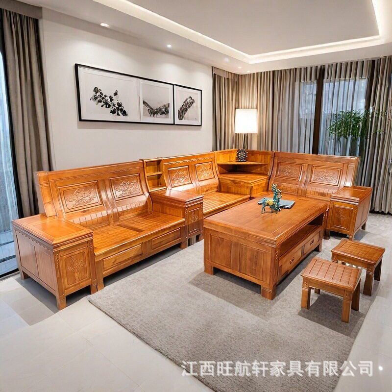 全实木香樟木中式转角贵妃沙发