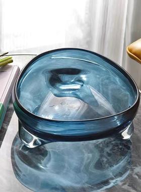 简现璃代蓝色茶约色透玻水明果盘摆件餐ETZ桌样板间收纳托盘水果