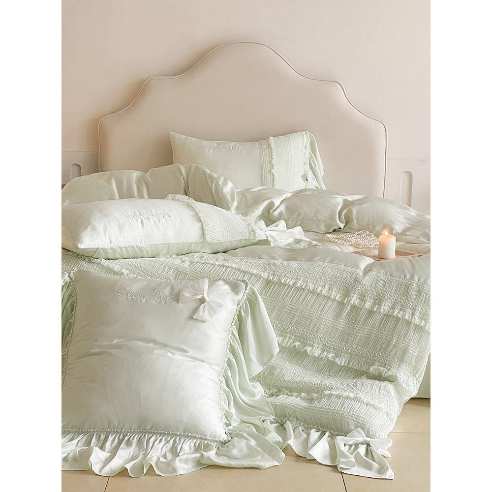 1VP精R春夏法式主风8公0兰天丝支四件套冰丝裸OIF睡床上用品绿色