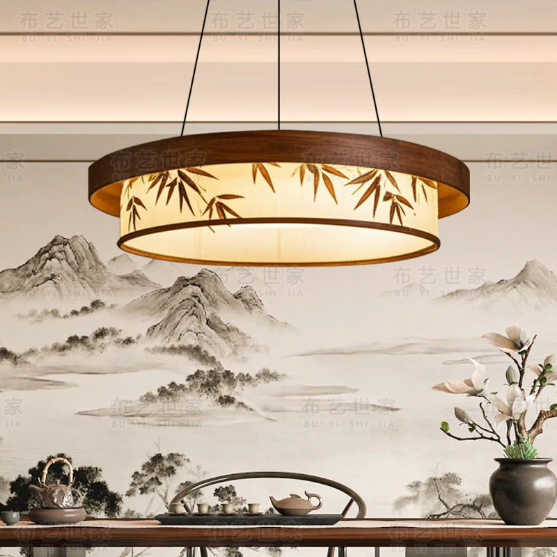 宋代美学圆形竹叶山水绘画客厅餐厅禅意茶室书房卧室民宿布艺吊灯