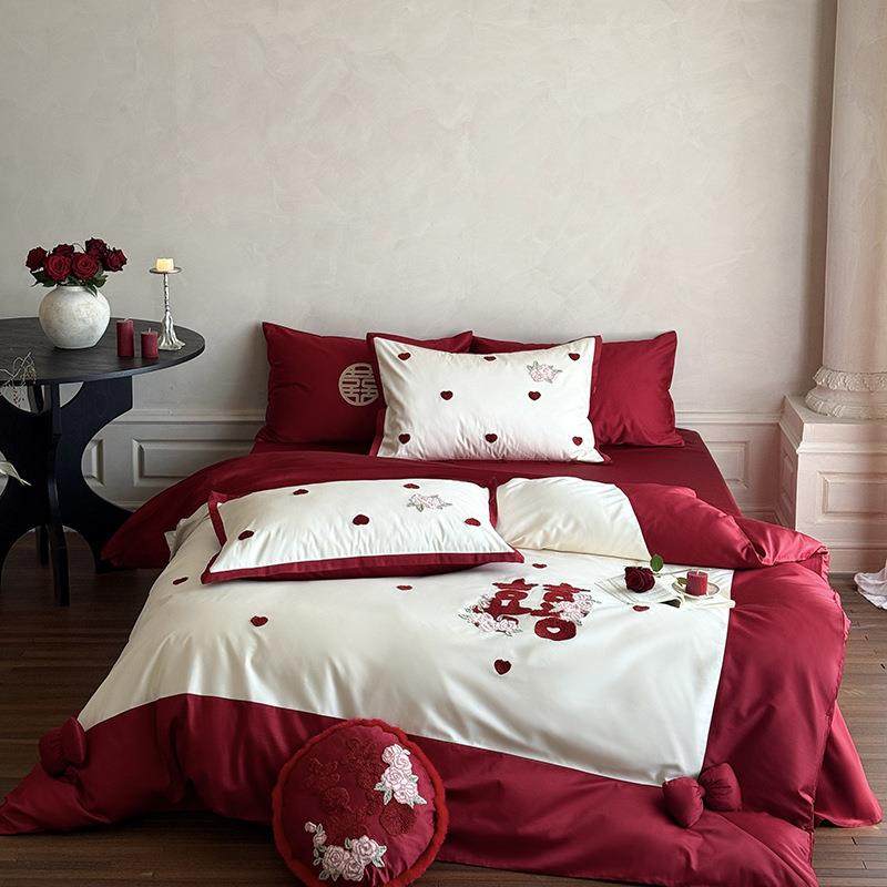新婚快字乐！玫瑰花婚爱庆四件套全棉小清新心喜红嗨购被色结婚套