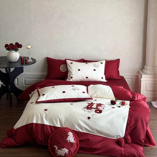 新婚快字乐！玫瑰花婚爱庆四件套全棉小清新心喜红嗨购被色结婚套