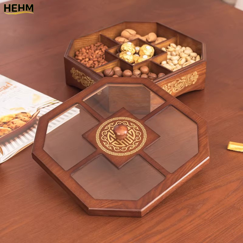 德国果盘木质创意盘子家用客厅糖果盒实木分格带盖瓜子坚果零食盒