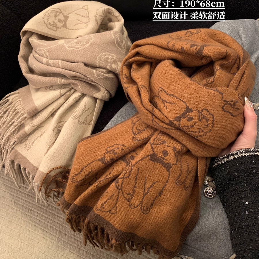 德国高档仿羊绒流苏围巾小狗提花冬季保暖加大防寒披肩两用围脖
