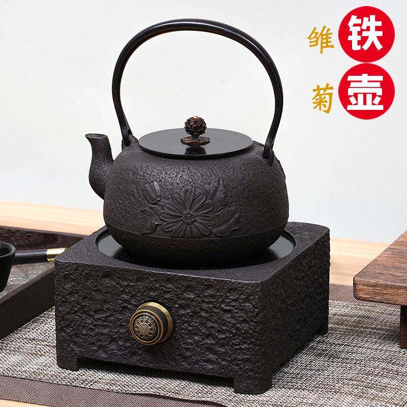 日式铁壶烧雏菊水壶铸泡茶壶明电外陶炉套装户围炉煮茶器火茶炉老
