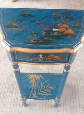 至高斗美花实几复古蓝色一台47425花边盆架储物几山水彩绘家具木