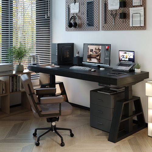 实木智能自动升降书桌学生学习桌极简卧室台式电脑桌办公桌家用