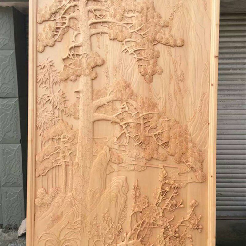 东阳木雕迎客松实木山水雕花板手工浮雕通花板玄关隔断背景墙定制