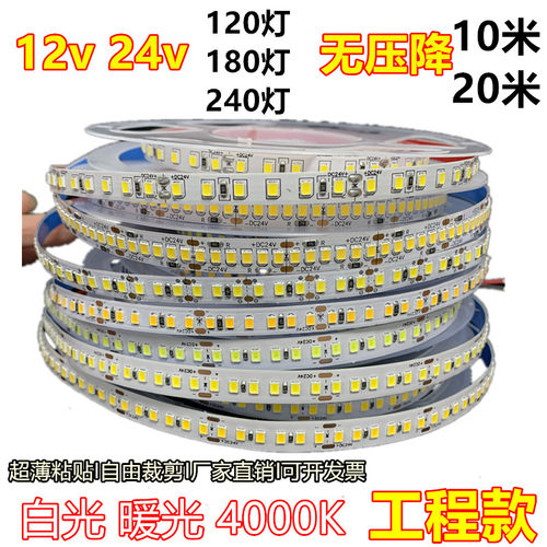 无压降灯带12v24v8mm宽180灯240灯10米20米无降压红绿蓝黄LED软条