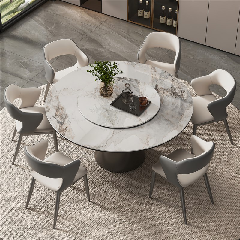 梵普森岩板圆f形餐桌轻奢高级感2025新款现代简约圆餐桌全托带转