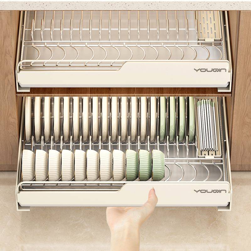 不锈碗碟收纳架厨房柜内碗碟架钢抽屉置物架抽拉式拉篮碗盘水子橱