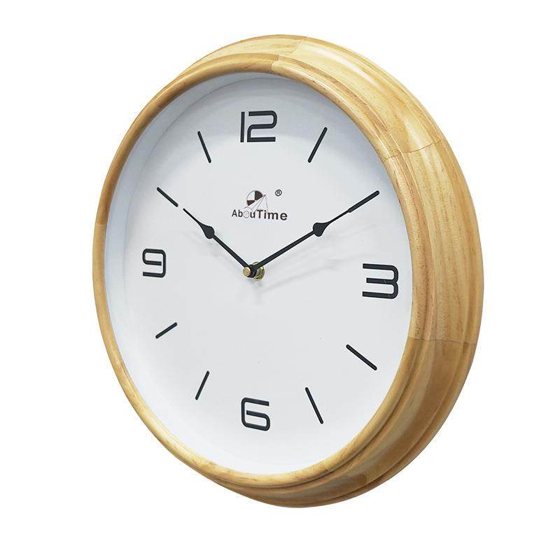 实挂钟AT52AT5308圆装形木钟新中式客厅静音扫秒时钟家用饰木头挂
