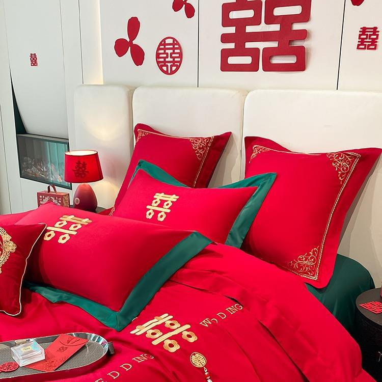 新中式16结0长绒棉婚庆QNH支四件套全棉婚陪嫁婚床单被套床上用品