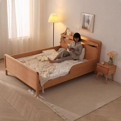 全实木ZLA童床带风护栏简约生单人床榉木床男孩女孩多儿功能学儿