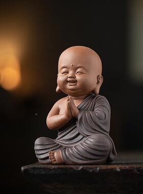 古创意紫禅意小和尚DQH件精品家居客厅博古架装饰茶道复砂人物摆