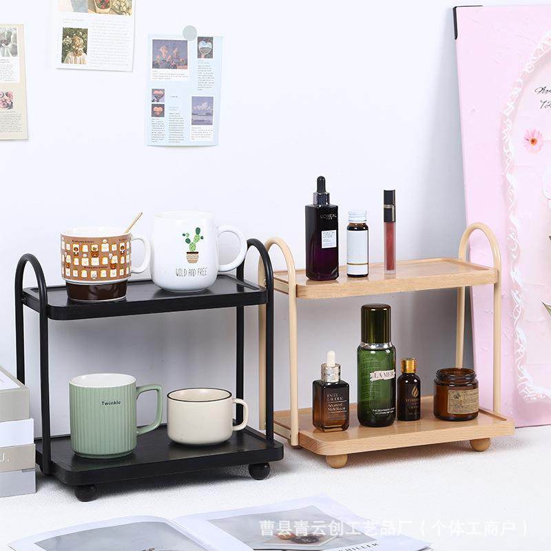货木玻质双层置物架复古桌面咖啡杯茶厨/房现纳架璃杯收架茶具架,收纳整理,书桌收纳置物架,淘宝优惠券,粉丝福利购,淘宝优惠卷