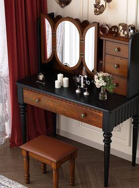 中法式复实木梳妆古台小户型AWS美式带抽风屉梳妆桌书桌收纳柜一
