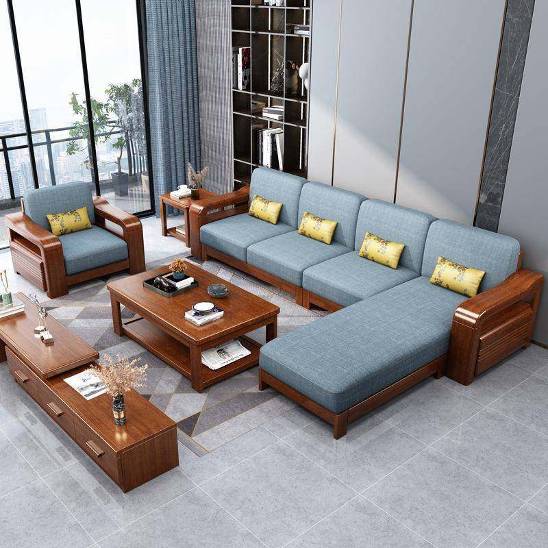 AOX中式胡桃简木沙发现代约客家具实厅木组合布新艺家用储物贵妃