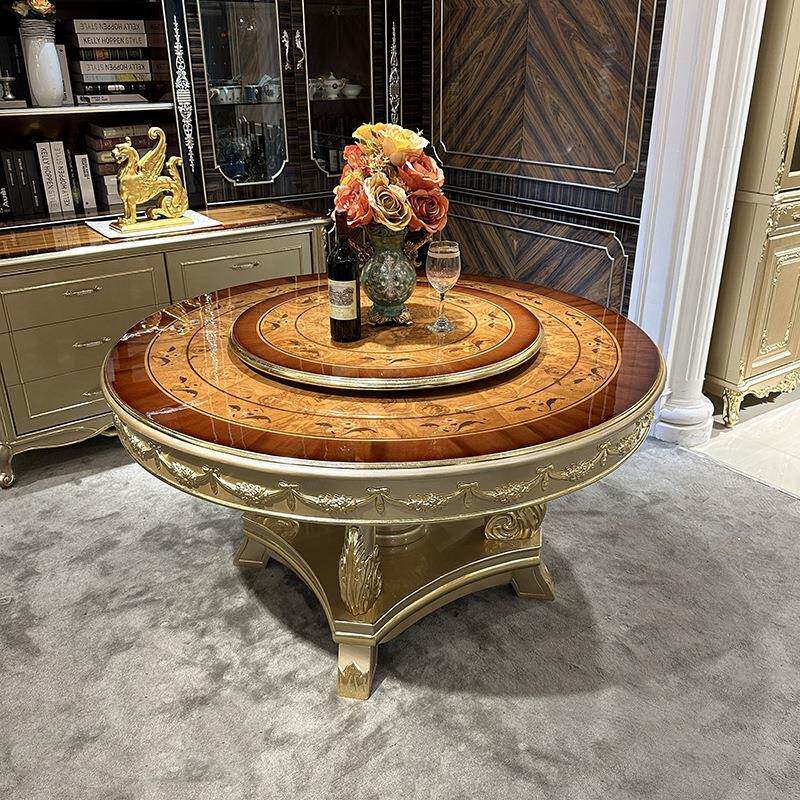 法式实圆餐桌椅合组欧式香槟色雕木花餐厅饭桌天然皮01拼木花桌子