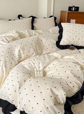 式法棉赫本风床盖四件套花边款厚水洗防滑铺LNI盖夹棉加床单三件