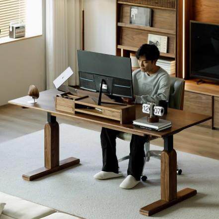 北美黑胡桃木电动升降桌双电机电脑桌家用全实木办公桌书桌智能