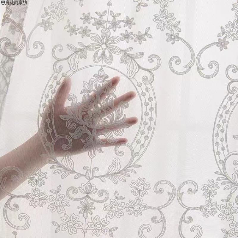 法式蕾丝欧不花吊客篮厂家直供纱帘厅阳台卧室窗人纱透光透白纱高