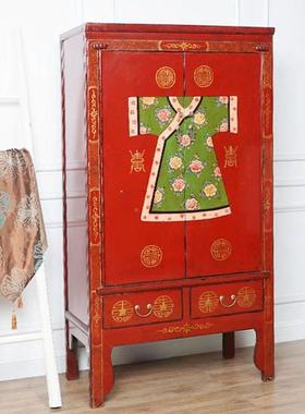 加明清实木中式复古一体式大衣做旧收纳储物柜73881彩绘高喜柜联