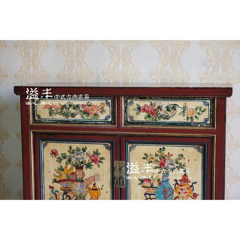 明清仿古典家具实木彩绘复古玄关柜中式做旧餐边柜装饰手绘摆设柜