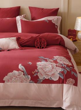 花中式婚庆100SY支绣全棉磨毛四件套鸟刺大红色套结婚被喜庆床品