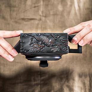 家紫陶满雕麒麟汉瓦壶名家全手GT010工四方器旋转凤鸣茶壶用大容