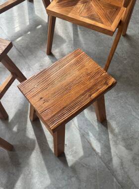 老榆IXJ木R餐椅实靠木椅子家用客厅背椅中式复古长原木家具条凳圆