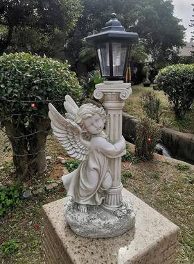 境新款复古QTY72127庭园摆件天使太阳能灯院别墅跨树脂工艺品装饰
