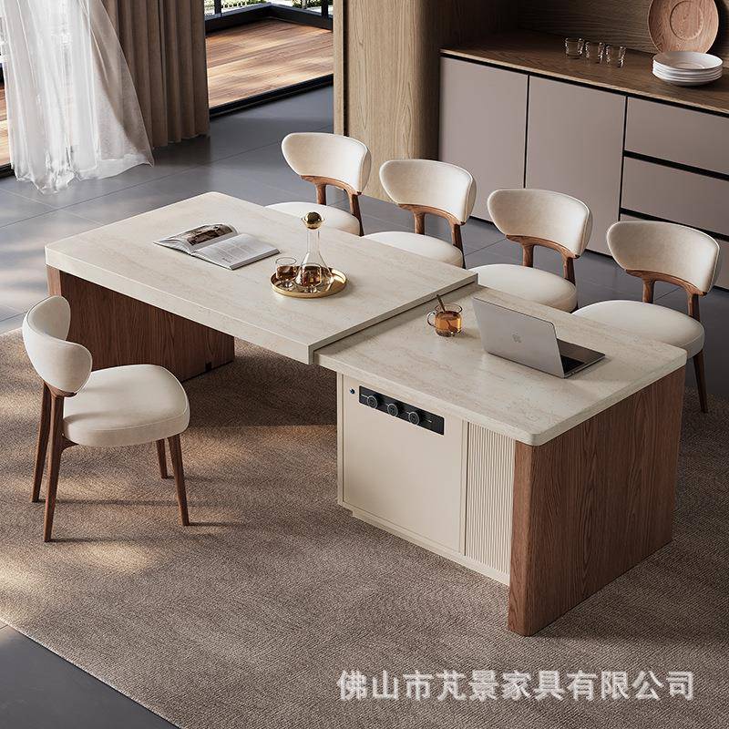 中古风台餐桌岛一家用洞石岩板伸缩MRP新款中岛台可餐体厅胡桃木