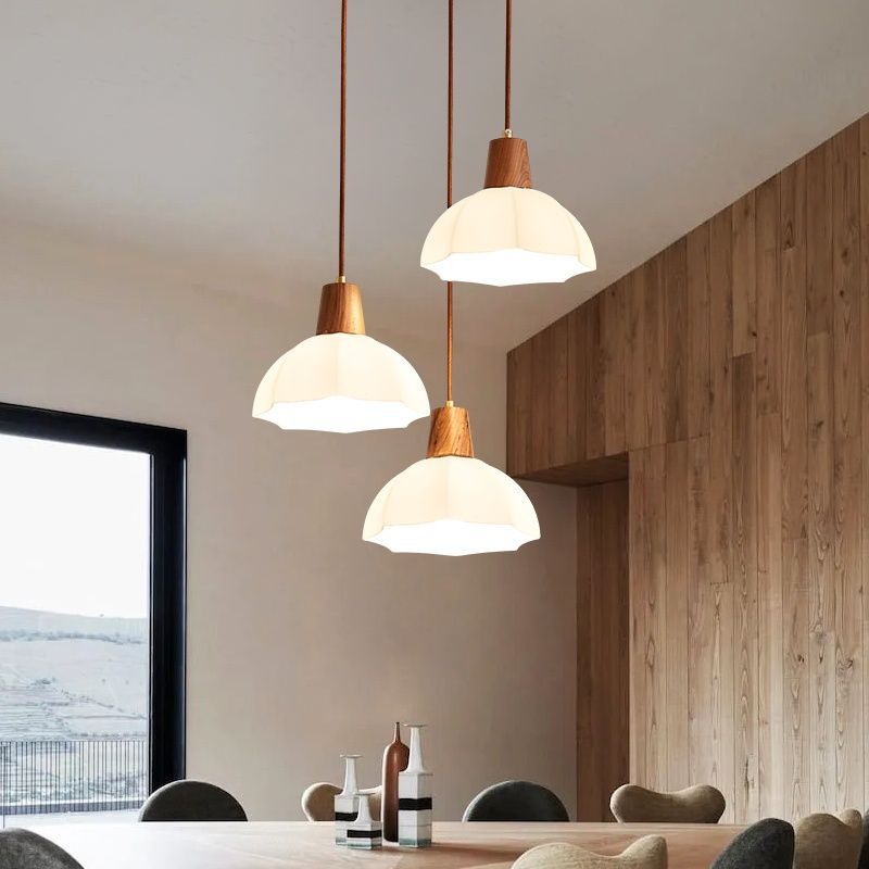 原木餐厅灯吊灯三头玻璃北欧led餐桌饭厅灯 现代中式吧台灯具